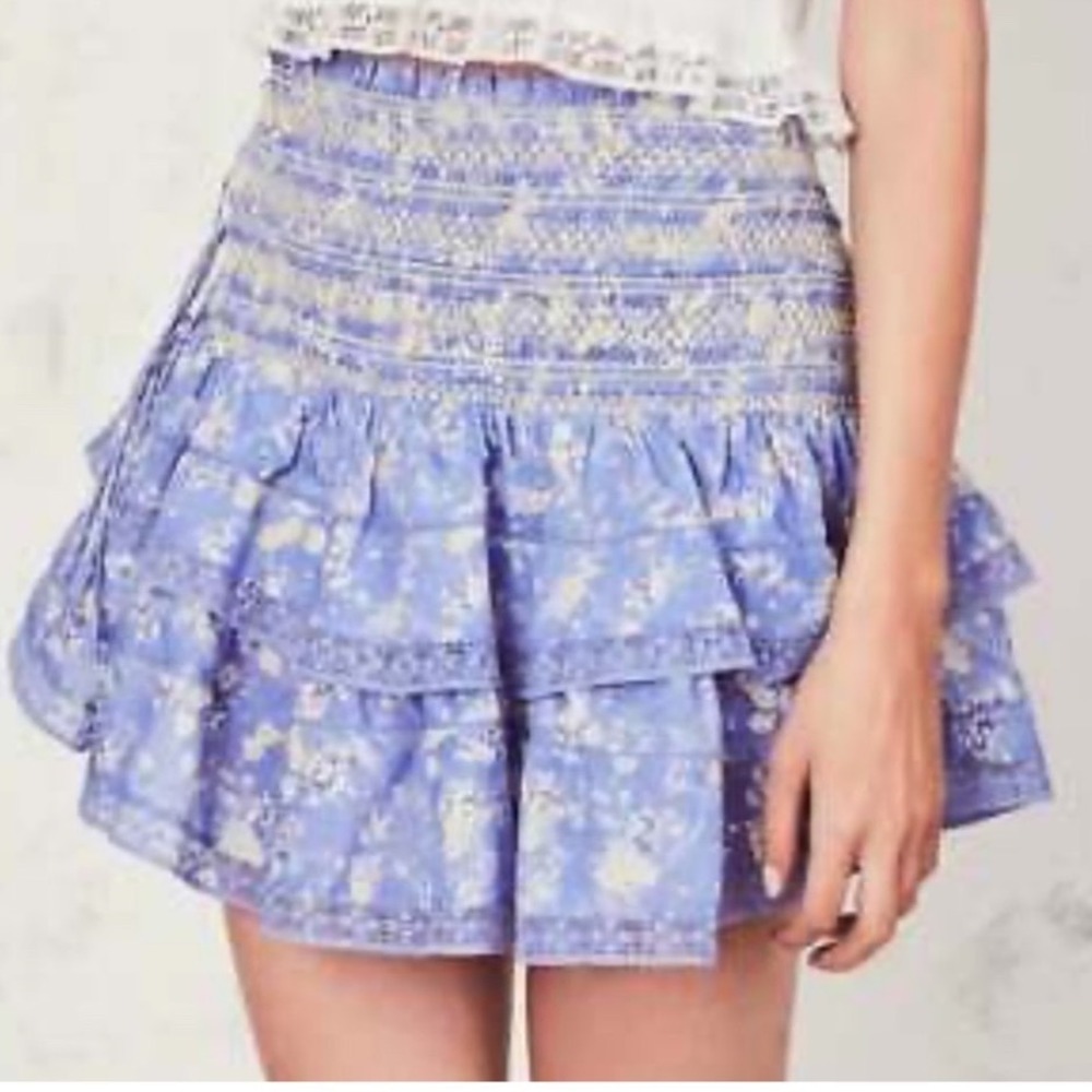 LoveShackFancy Mira Smocked Mini Ruffle Skirt Blue Jay Floral Lace Trim Womens M